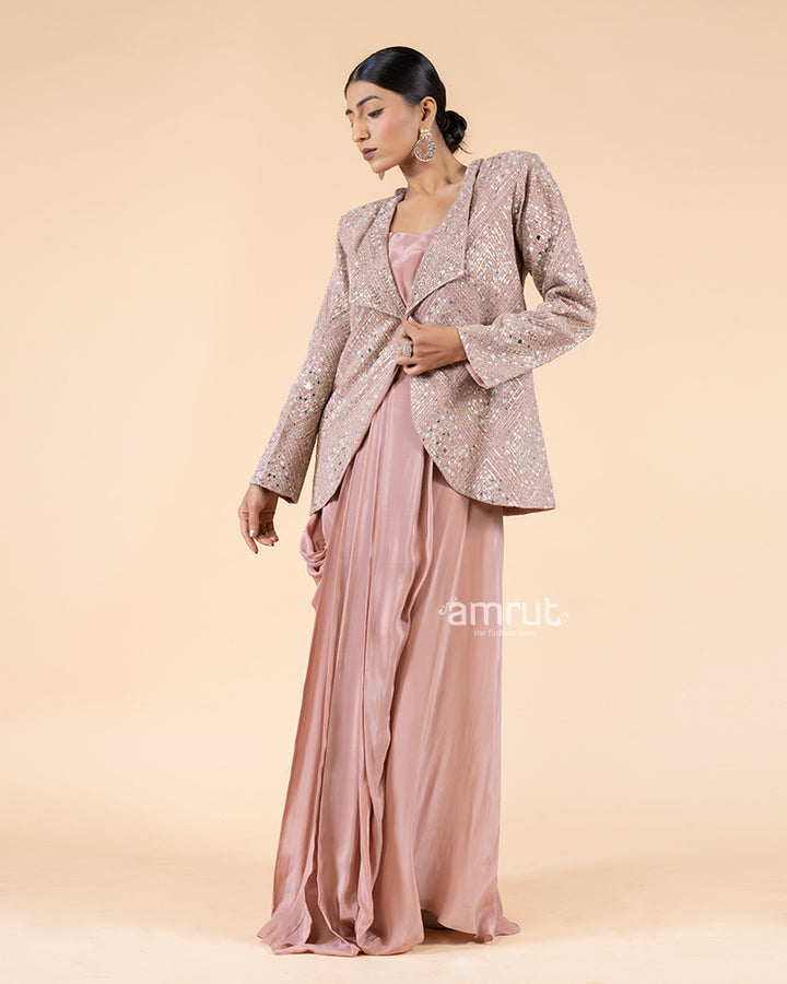 Pastel Pink Drape Skirt Set with Top and Coordinating Jacket(04)