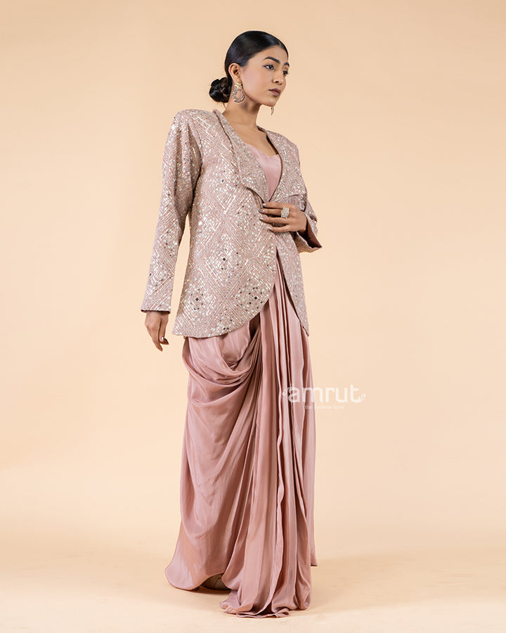 Pastel Pink Drape Skirt Set with Top and Coordinating Jacket(05)