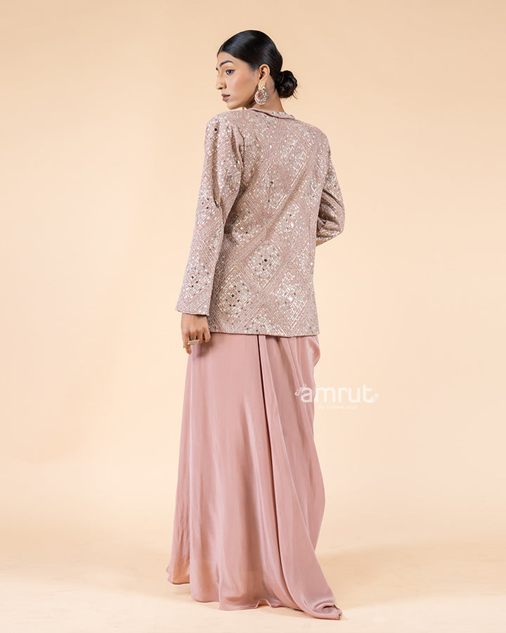 Pastel Pink Drape Skirt Set with Top and Coordinating Jacket(06)