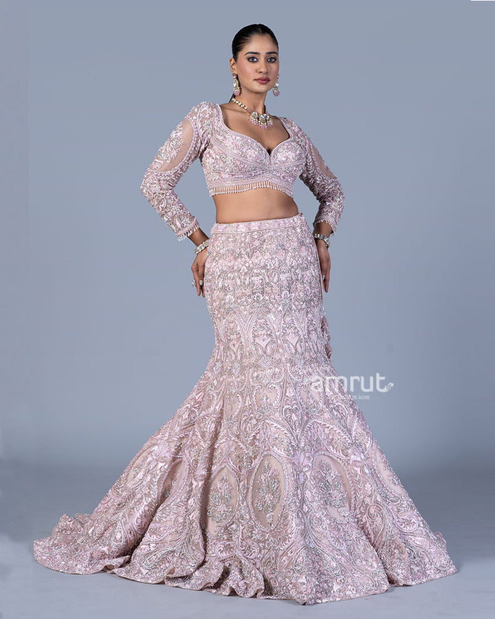 Pastel Pink Embellished Mermaid Lehenga Choli with Dupatta 01