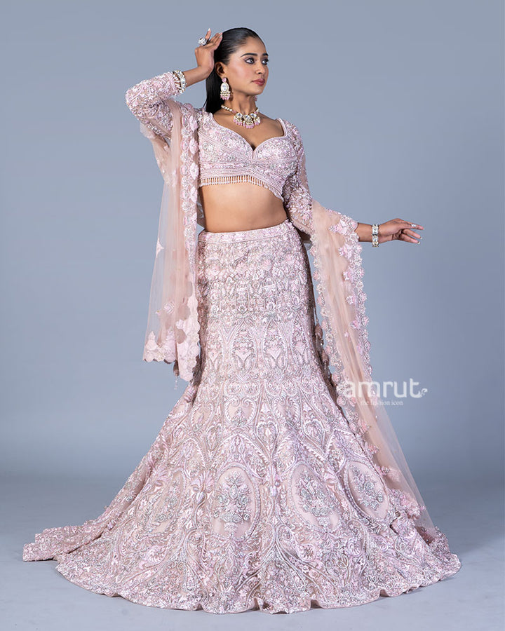 Pastel Pink Embellished Mermaid Lehenga Choli with Dupatta 04