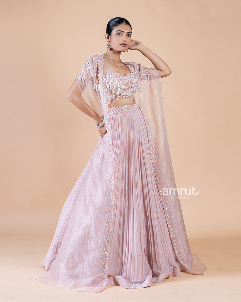 Pastel Pink Lehenga with Crop Top and sequin shrug