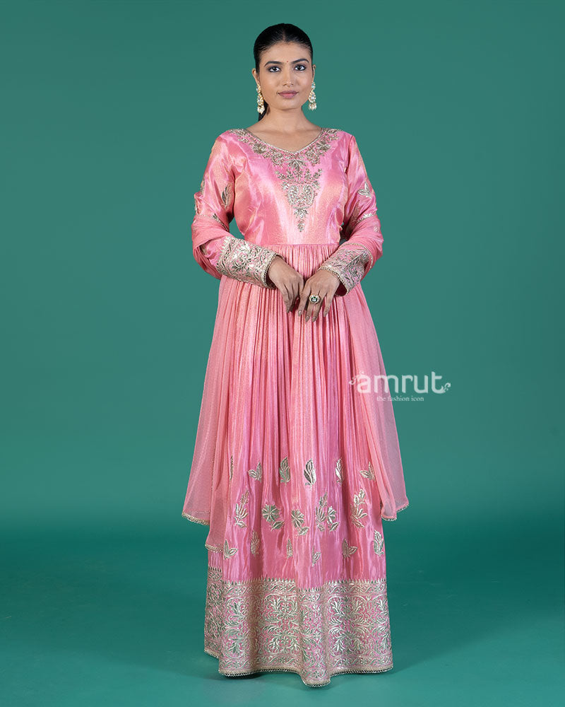 Pastel Pink Pleated Kurti with Golden Embellishments and Dupatta 01