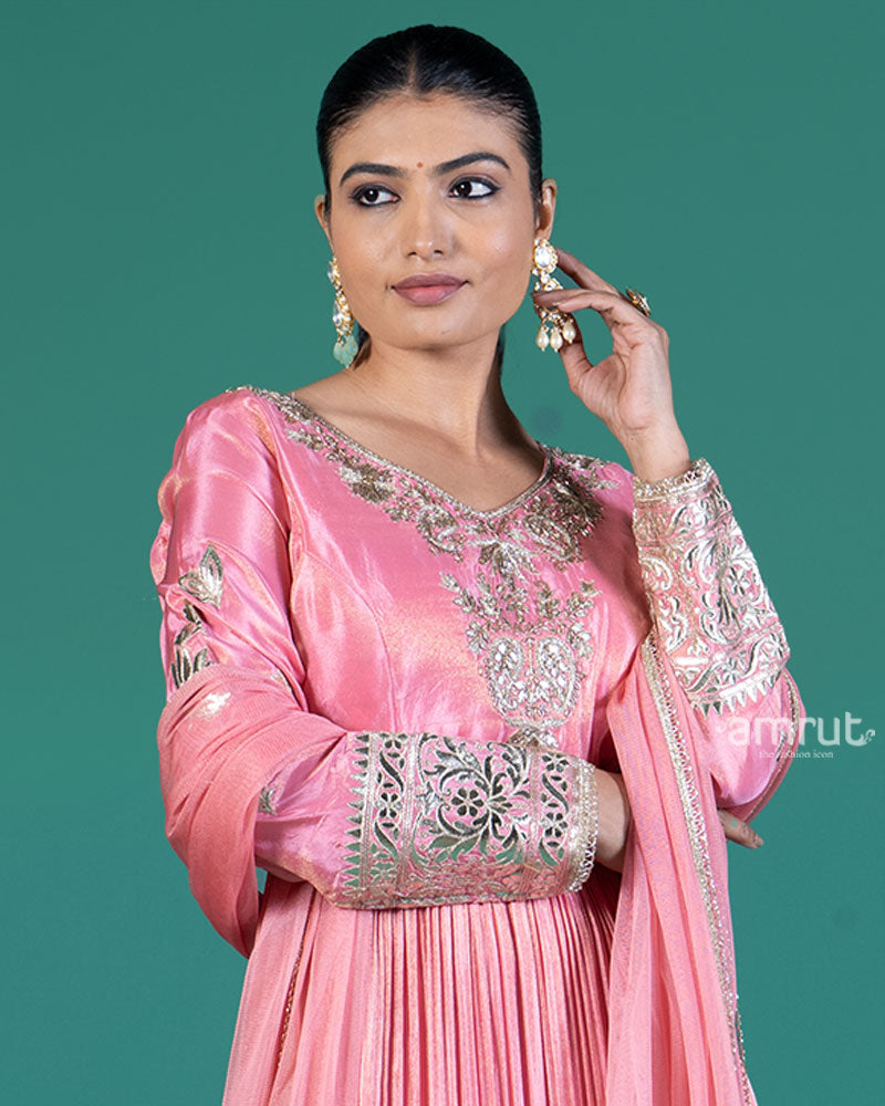 Pastel Pink Pleated Kurti with Golden Embellishments and Dupatta 02