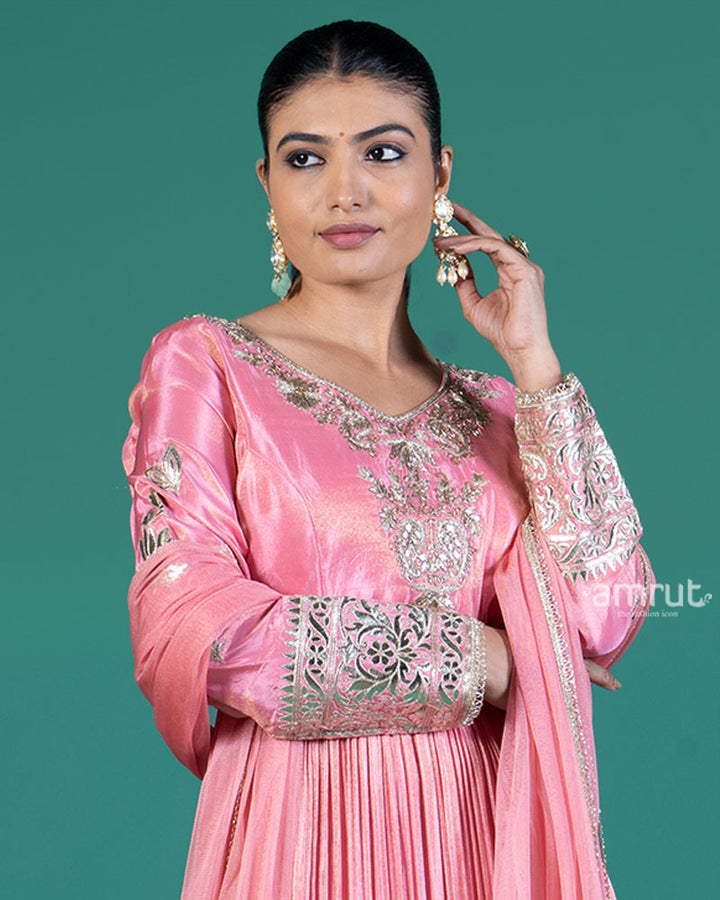Pastel Pink Pleated Kurti with Golden Embellishments and Dupatta 02