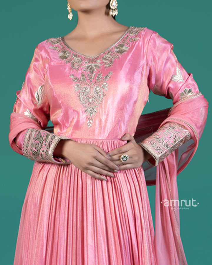 Pastel Pink Pleated Kurti with Golden Embellishments and Dupatta 03