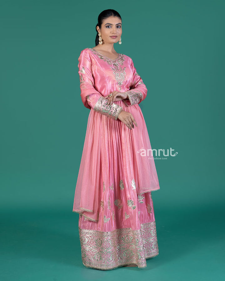 Pastel Pink Pleated Kurti with Golden Embellishments and Dupatta 04