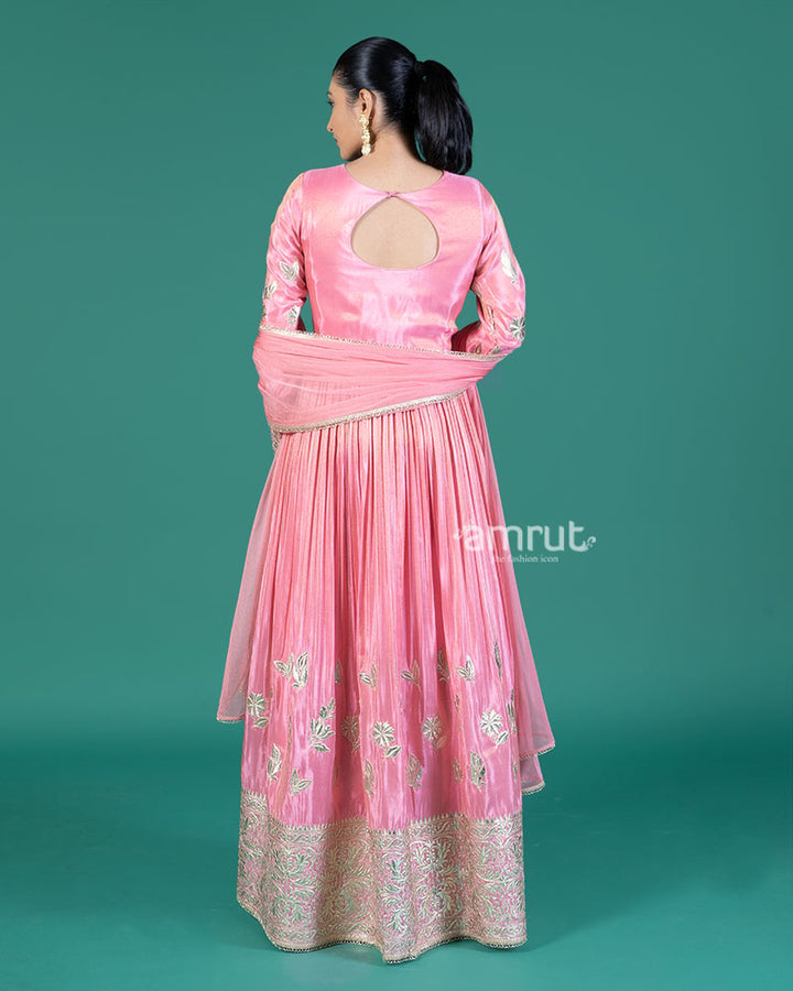 Pastel Pink Pleated Kurti with Golden Embellishments and Dupatta 05