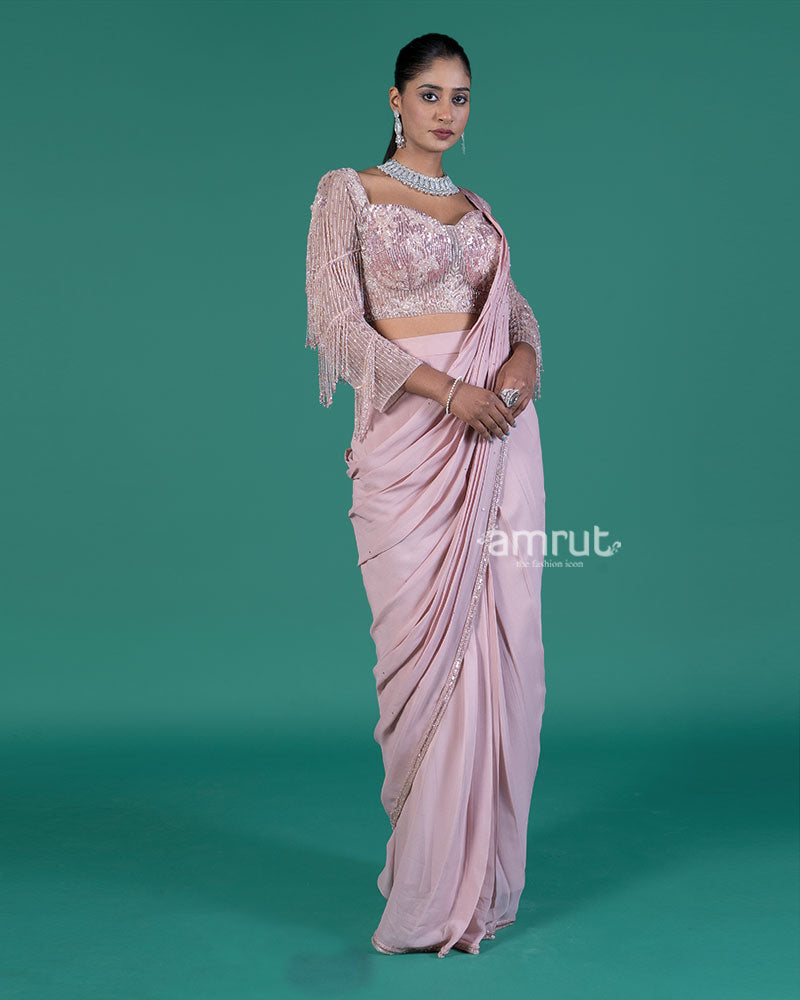 Pastel Pink Ready-to-Wear Saree with Sequined Blouse and Beaded Fringe 01