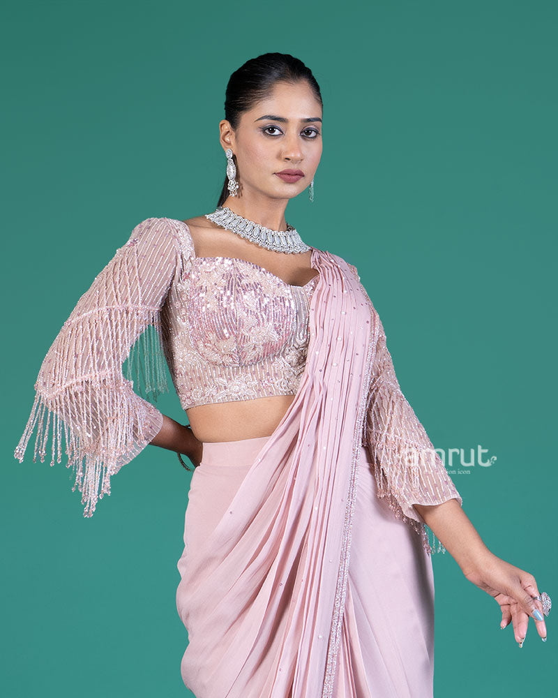 Pastel Pink Ready-to-Wear Saree with Sequined Blouse and Beaded Fringe 02