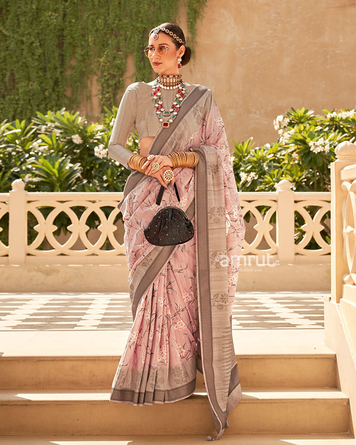 Pastel Pink with Light Brown Border Printed Saree and Unstitched Blouse 01