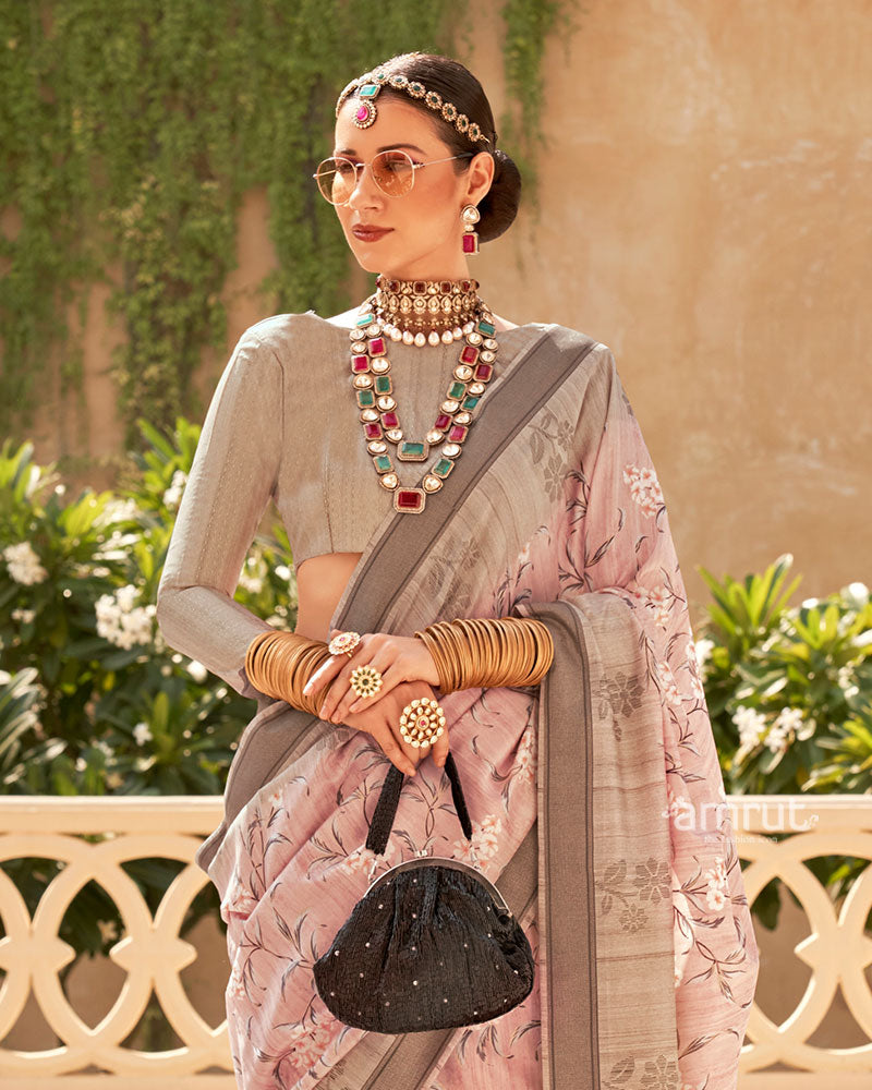 Pastel Pink with Light Brown Border Printed Saree and Unstitched Blouse 02