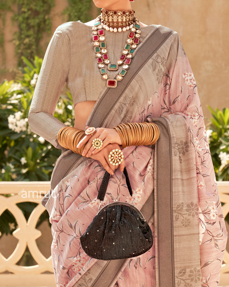 Pastel Pink with Light Brown Border Printed Saree and Unstitched Blouse 03
