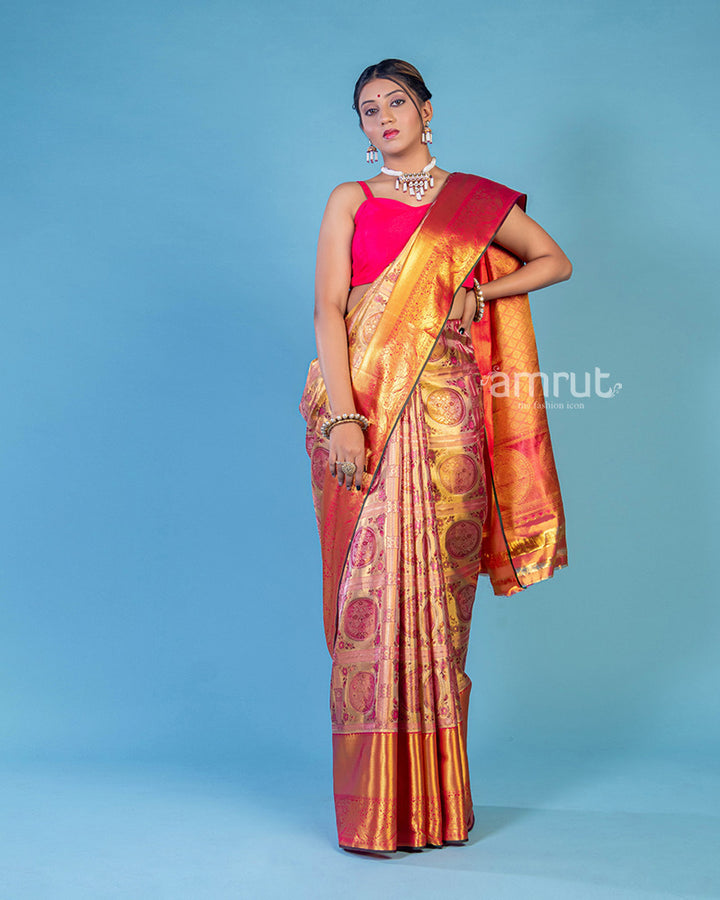 Peach Coral Two Toned Banarasi Saree in Pure Handloom Silk With Unstitched Blouse