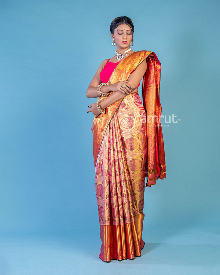 Peach Coral Two Toned Banarasi Saree in Pure Handloom Silk With Unstitched Blouse