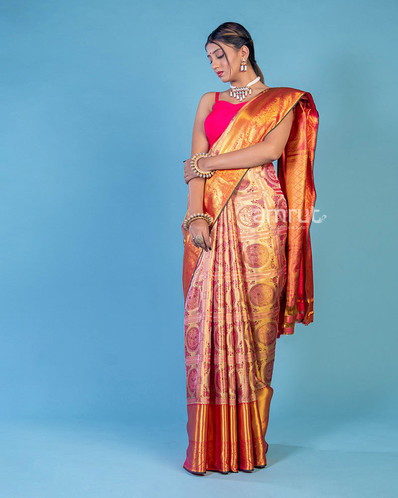 Peach Coral Two Toned Banarasi Saree in Pure Handloom Silk With Unstitched Blouse