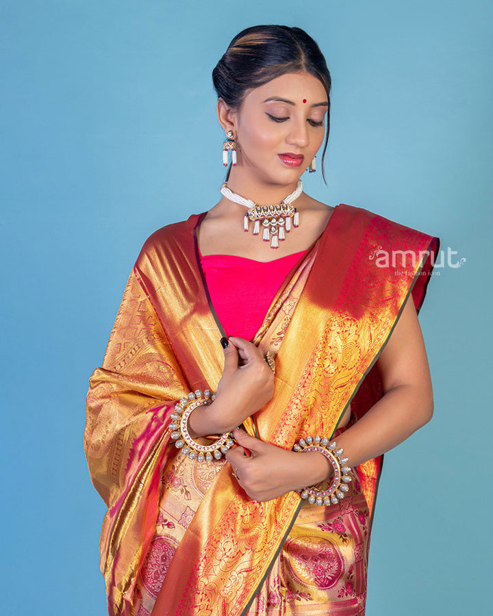 Peach Coral Two Toned Banarasi Saree in Pure Handloom Silk With Unstitched Blouse