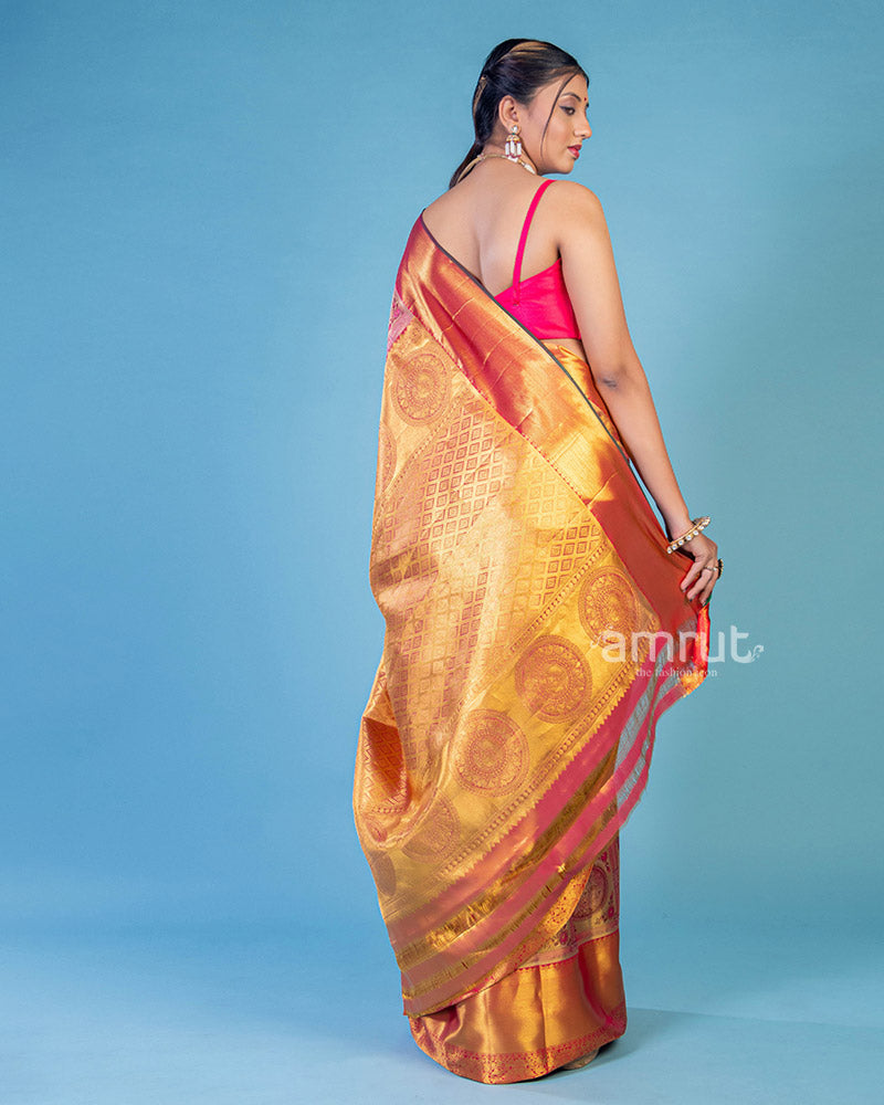 Peach Coral Two Toned Banarasi Saree in Pure Handloom Silk With Unstitched Blouse