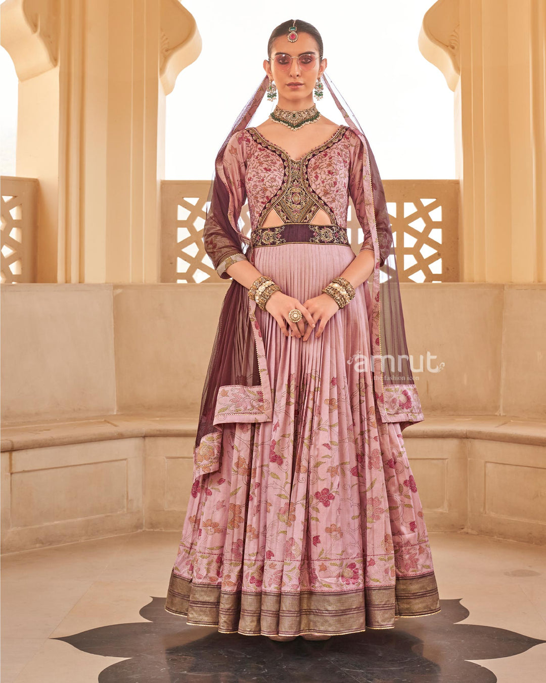 Peach Floral Printed Anarkali Dress and Men Kurta Set