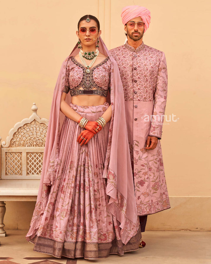 Peach Floral Printed Lehenga Set and Men Indowestern Kurta Set