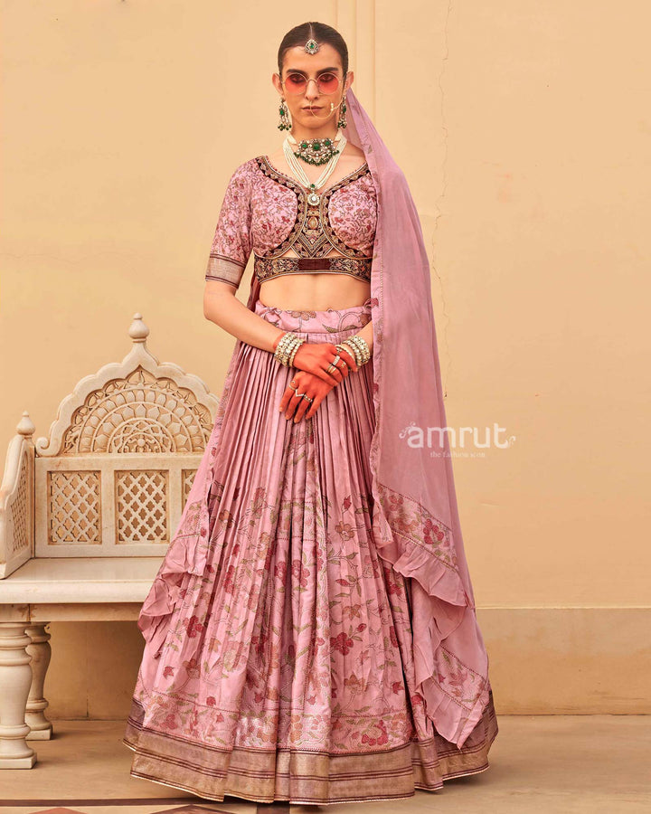 Peach Floral Printed Lehenga Set and Men Indowestern Kurta Set