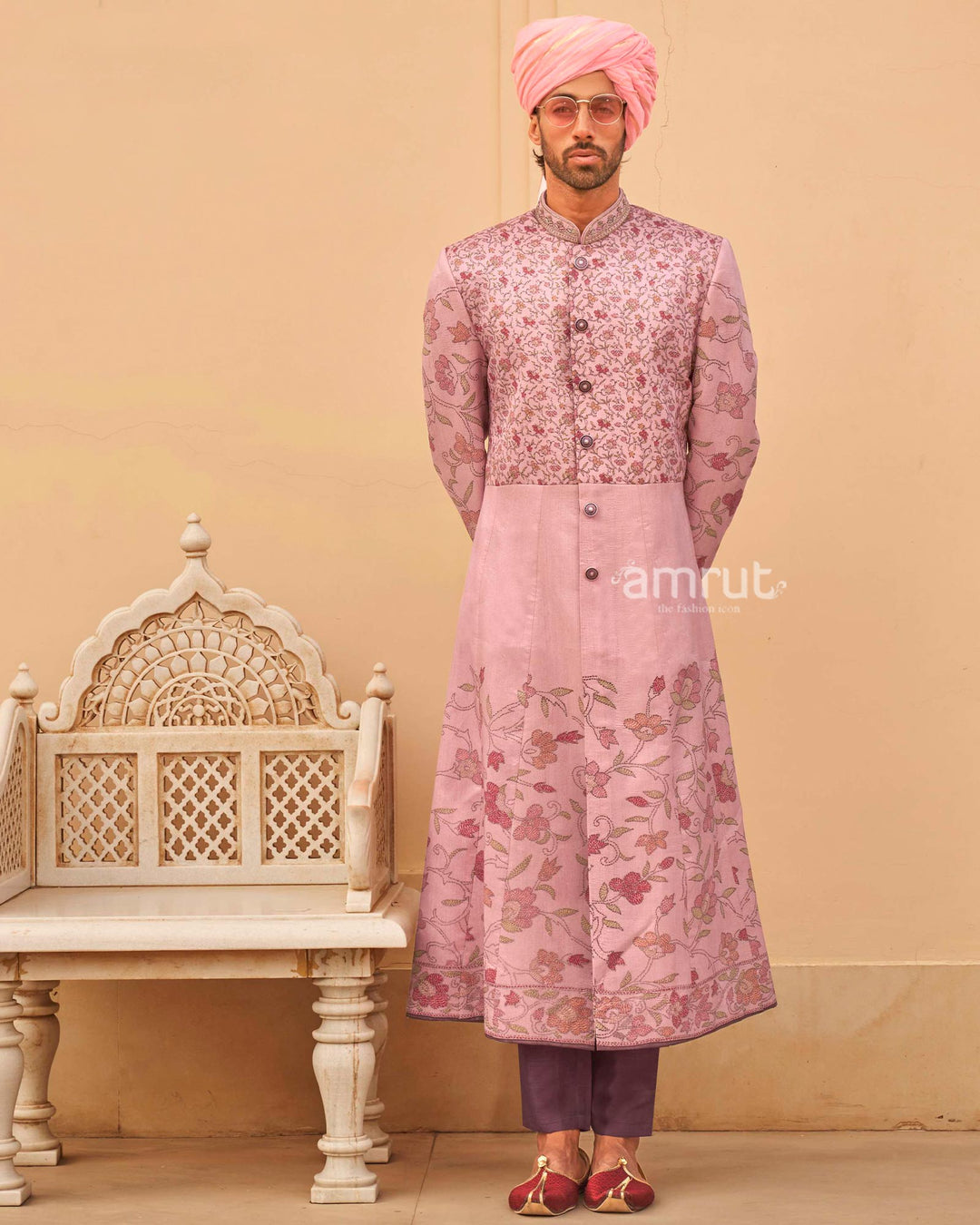 Peach Floral Printed Lehenga Set and Men Indowestern Kurta Set