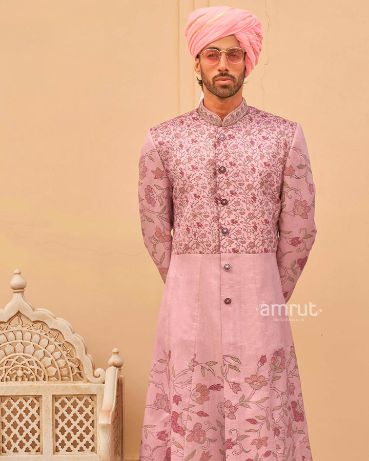 Peach Floral Printed Lehenga Set and Men Indowestern Kurta Set