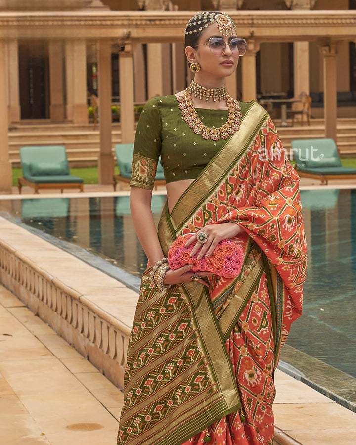 Peach Ikkat Patola Silk Saree With Unstitched Blouse