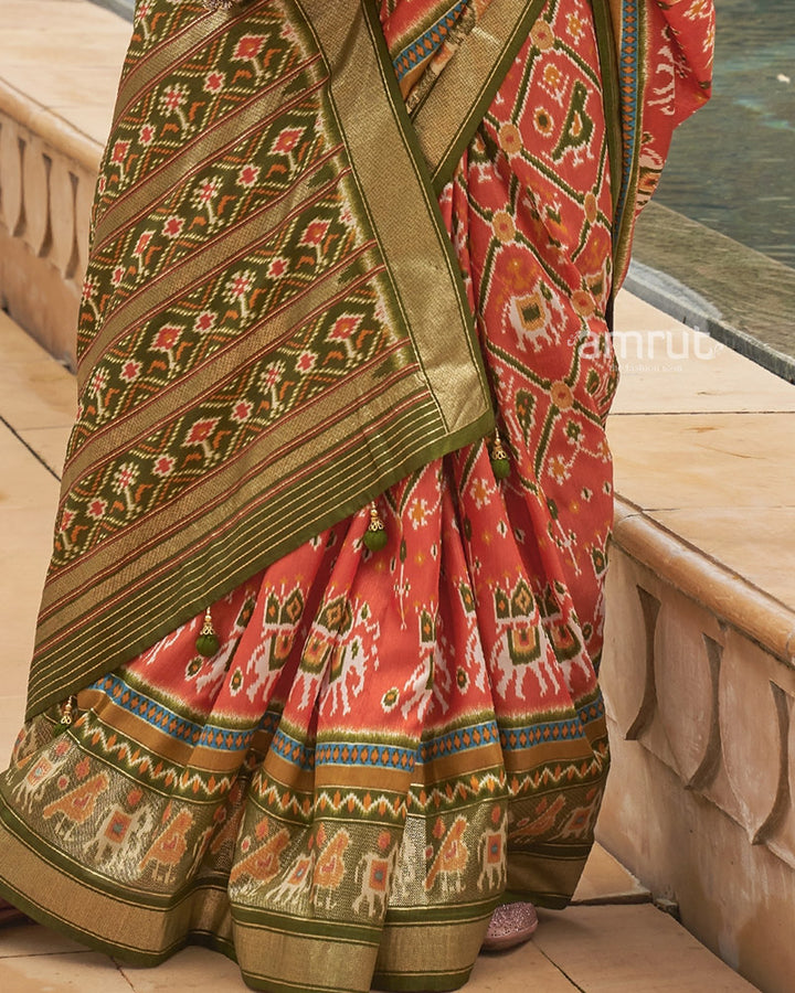 Peach Ikkat Patola Silk Saree With Unstitched Blouse