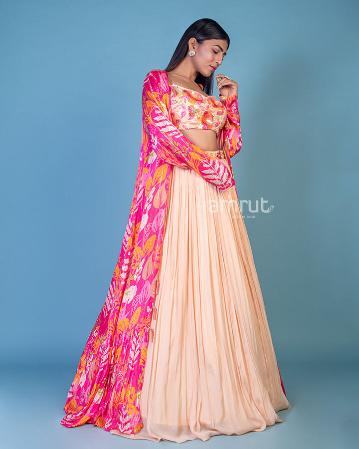 Peach Lehenga Crop Top Suit With Multi Color Shrug in Georgette