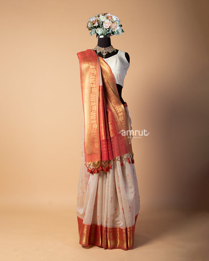 Peach Orange Saree With Unstitched-Blouse