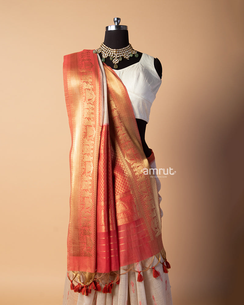 Peach Orange Saree With Unstitched-Blouse