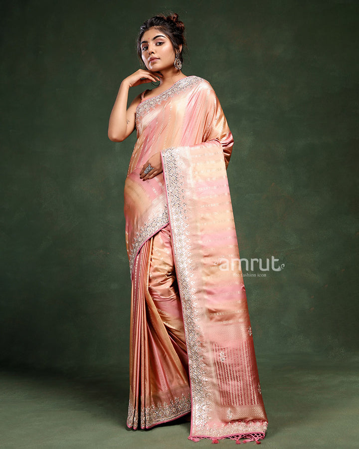 Peach Silk Saree with Unstitched Blouse for Wedding
