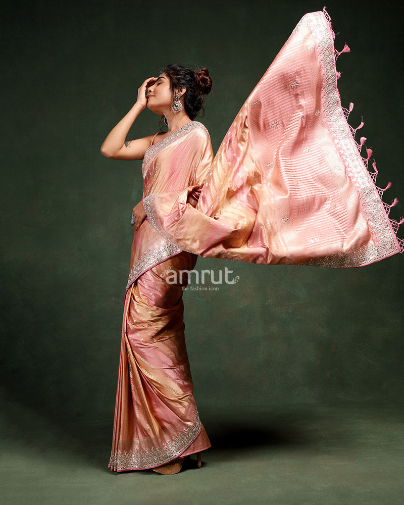 Peach Silk Saree with Unstitched Blouse for Wedding