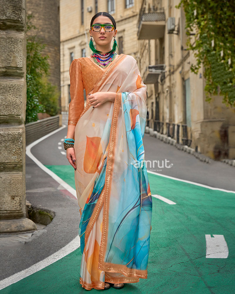 Peach Abstract Print Saree with Embellished and Unstitched Blouse 01