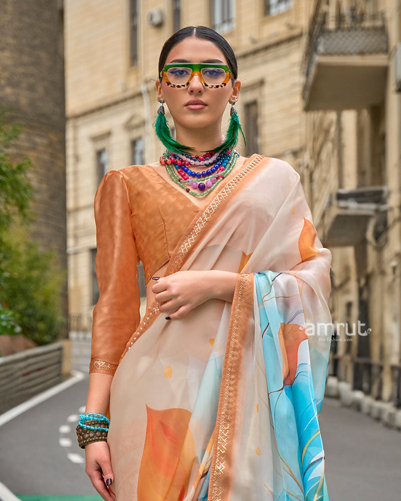 Peach Abstract Print Saree with Embellished and Unstitched Blouse 02