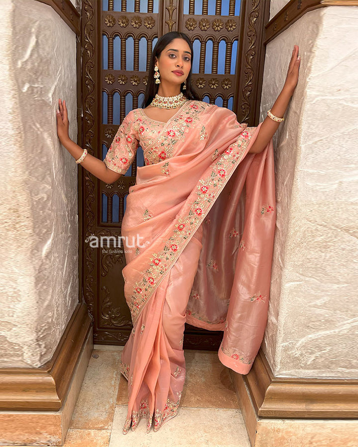 Peach Embroidered Organza Saree with Stitched Blouse 003