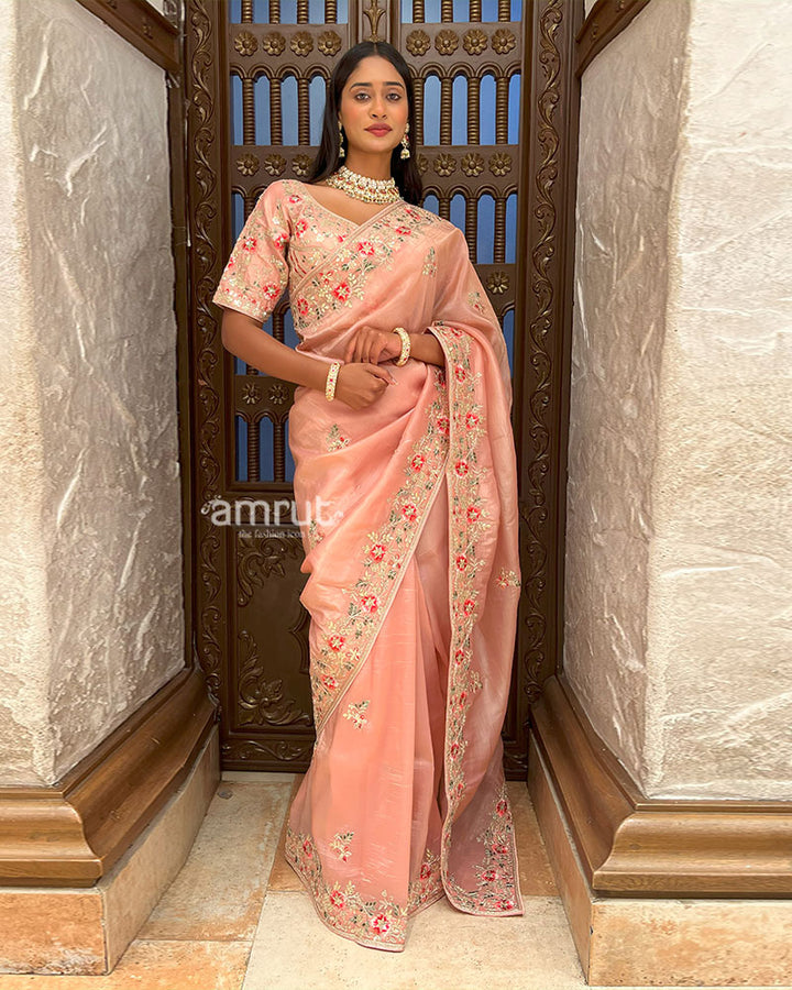 Peach Embroidered Organza Saree with Stitched Blouse 01