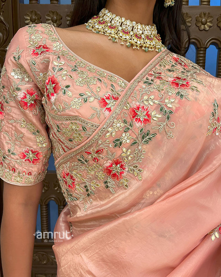 Peach Embroidered Organza Saree with Stitched Blouse 02