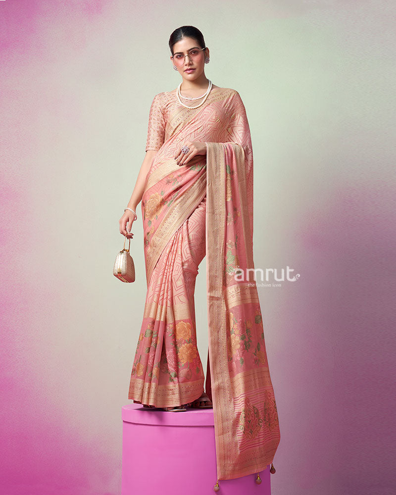 Peach Printed Saree with Unstitched Blouse 01