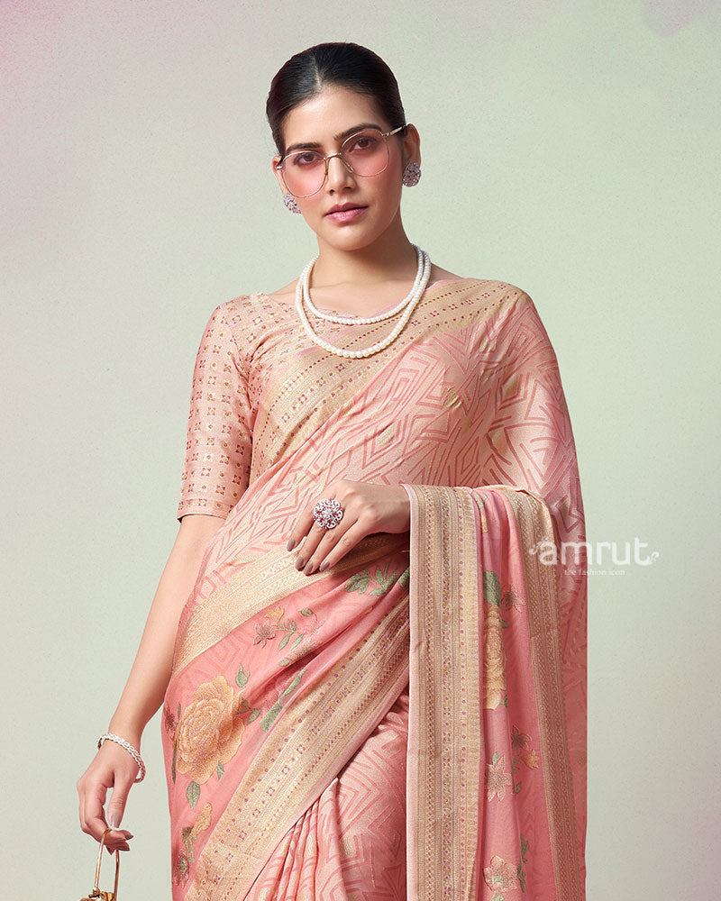 Peach Printed Saree with Unstitched Blouse 02
