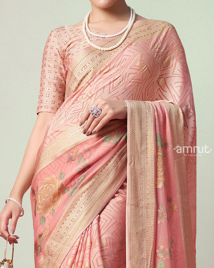 Peach Printed Saree with Unstitched Blouse 03