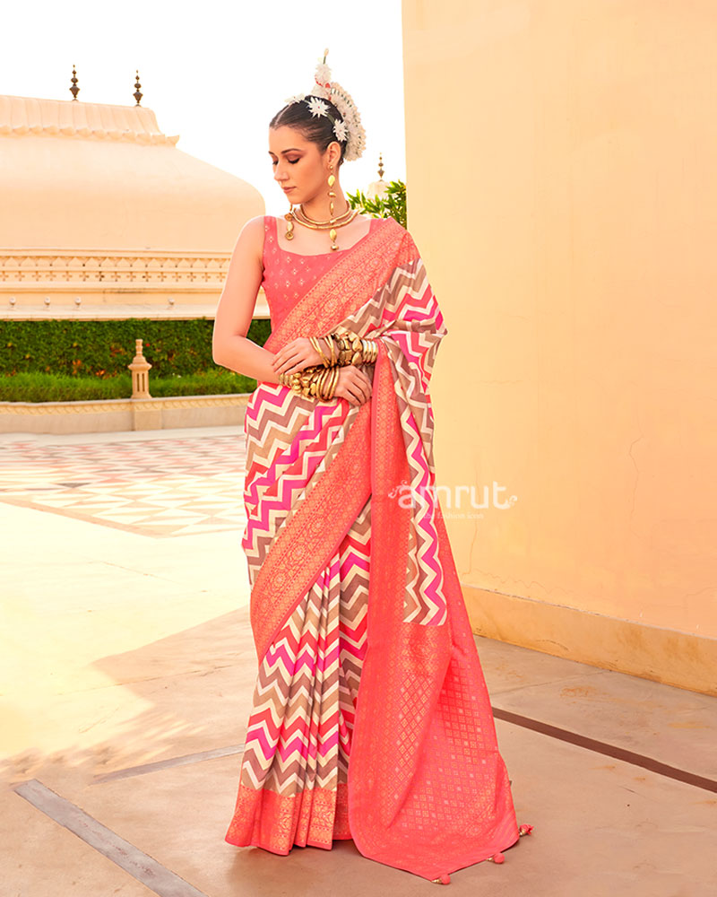 Peach Printed Silk Saree with Unstitched Blouse 001