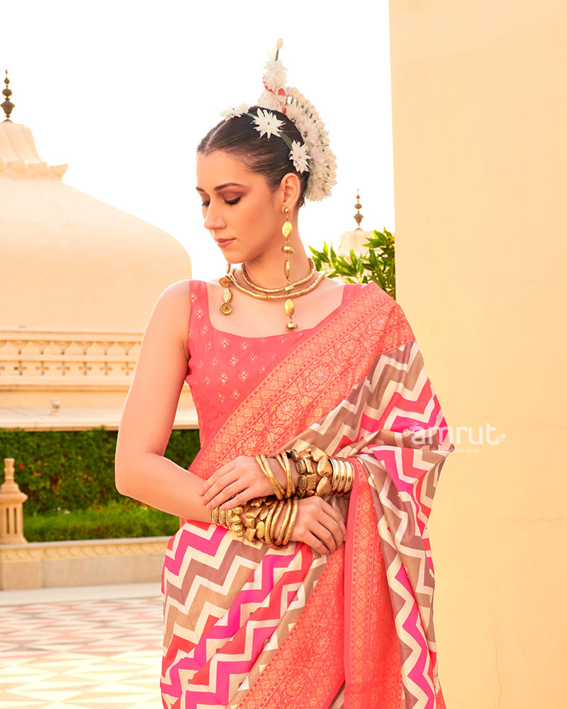 Peach Printed Silk Saree with Unstitched Blouse 002