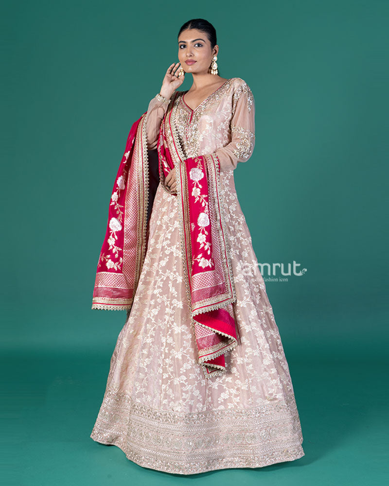 Peach Zari Embellished Anarkali with Red Dupatta 01