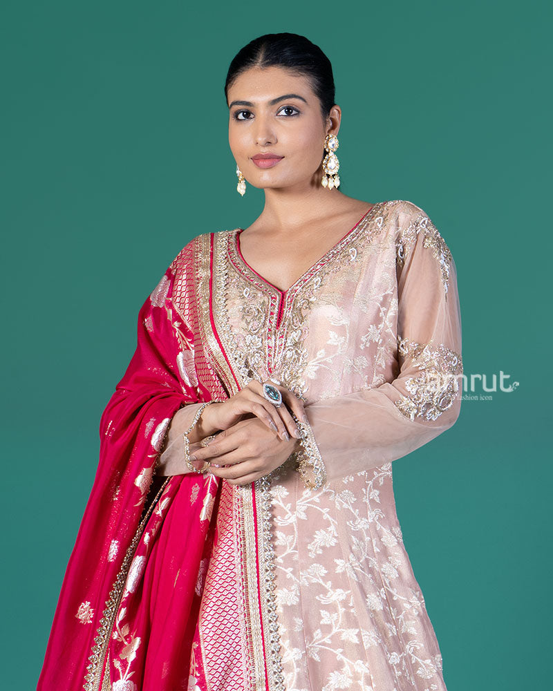 Peach Zari Embellished Anarkali with Red Dupatta 02