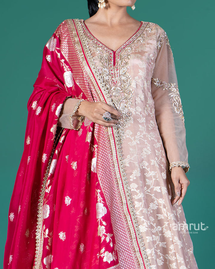 Peach Zari Embellished Anarkali with Red Dupatta 03