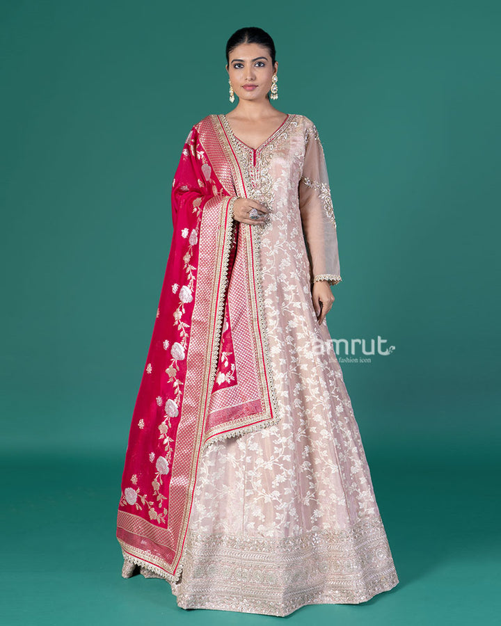 Peach Zari Embellished Anarkali with Red Dupatta 04