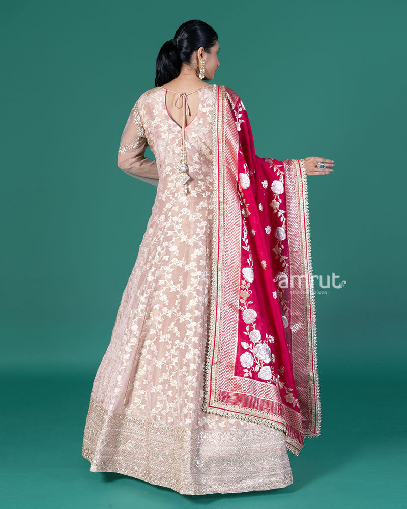 Peach Zari Embellished Anarkali with Red Dupatta 05