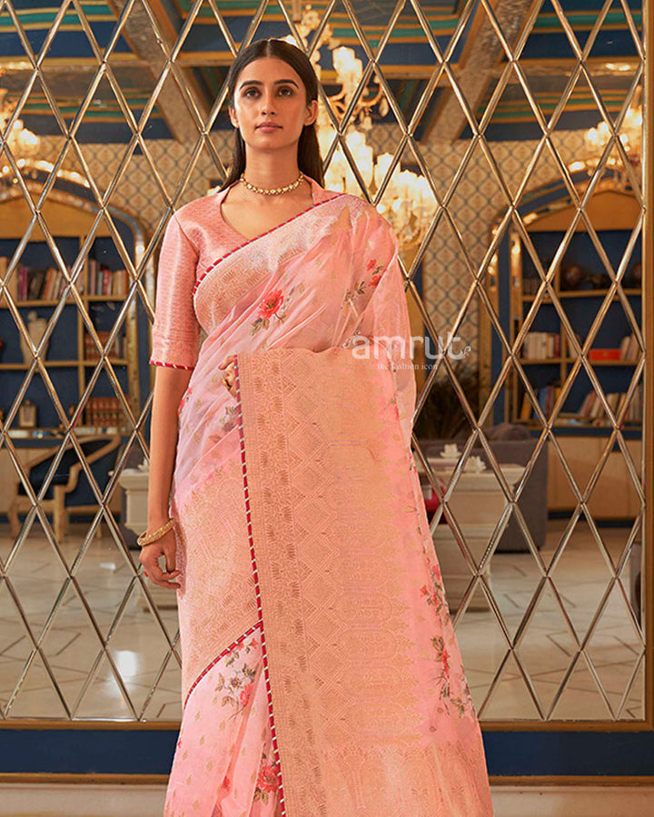 Peachy  Pink Organza Saree with Unstitched Blouse